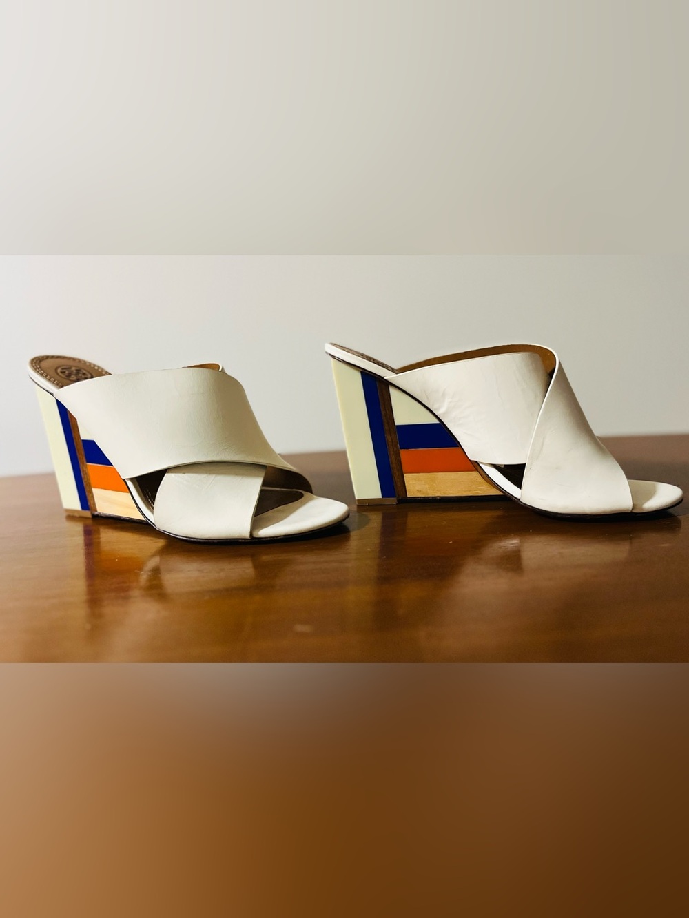 Tory Burch White Leather Slide Wedges with Blue and Orange Heel